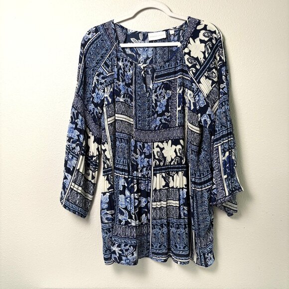 Sunny Leigh Peasant Top Womens 1X Blue White Floral Ribbed Pullover Boho Cottage - Picture 1 of 11